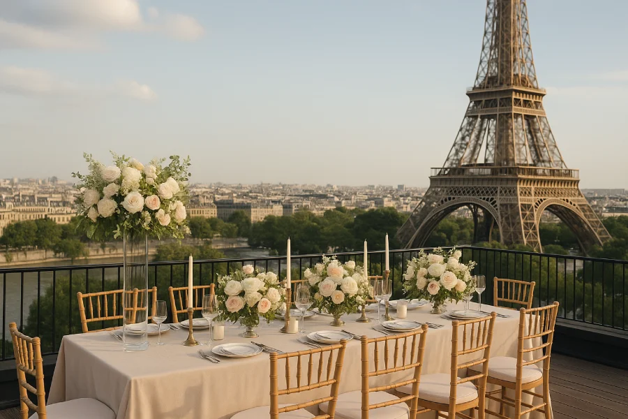 Salle de mariage sur un rooftop avec vue sur la Tour Eiffel