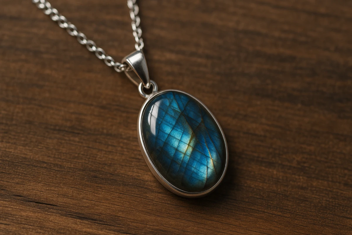Pendentif en labradorite ovale monté sur argent, posé sur un fond en bois, avec des reflets bleus et dorés caractéristiques de la pierre.